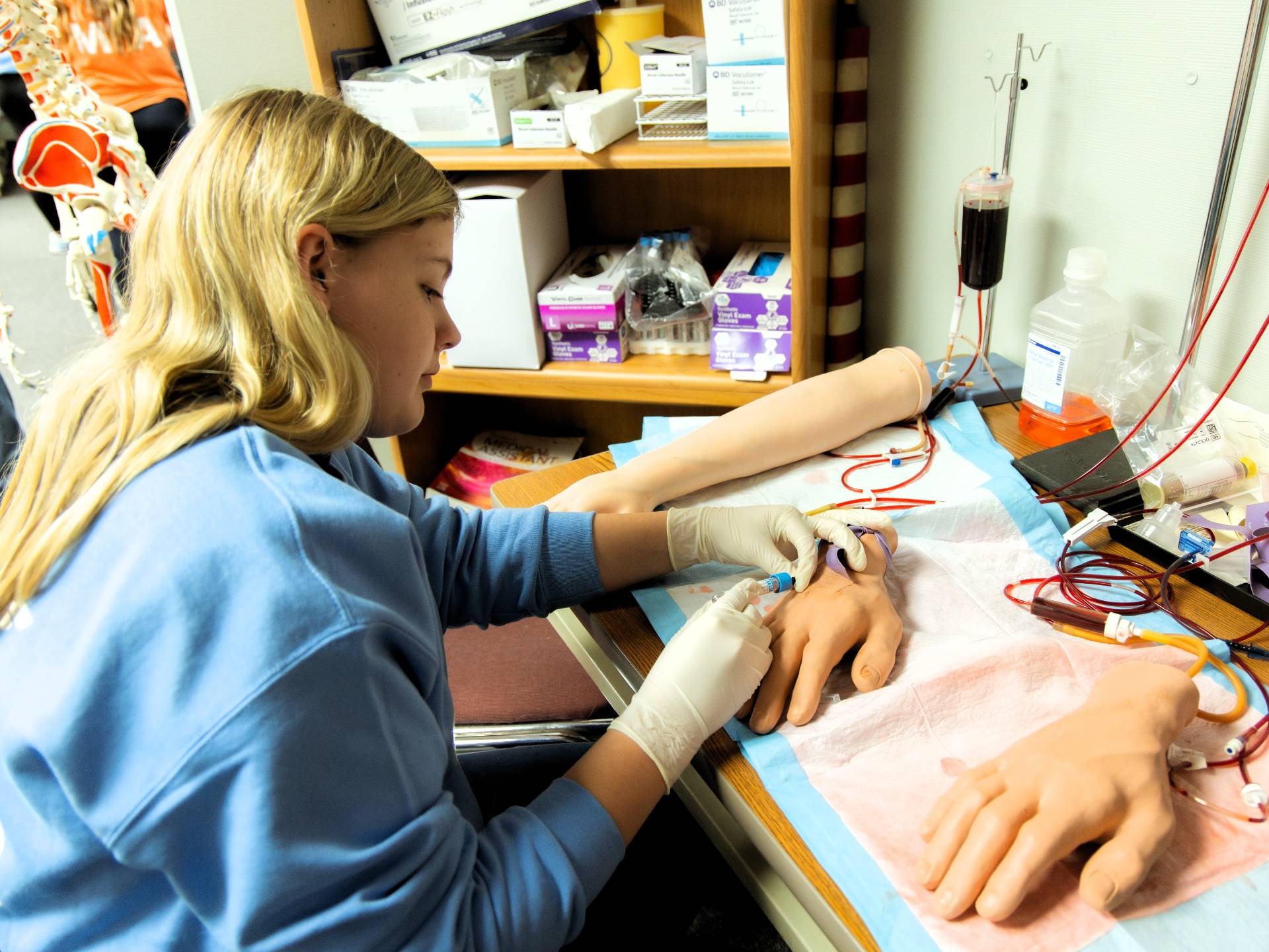 This image shows a person practicing a medical procedure, likely venipuncture or IV insertion, using training manikins.