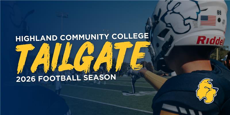 Highland Community College Tailgate banner includes a football player pointing out toward the football field