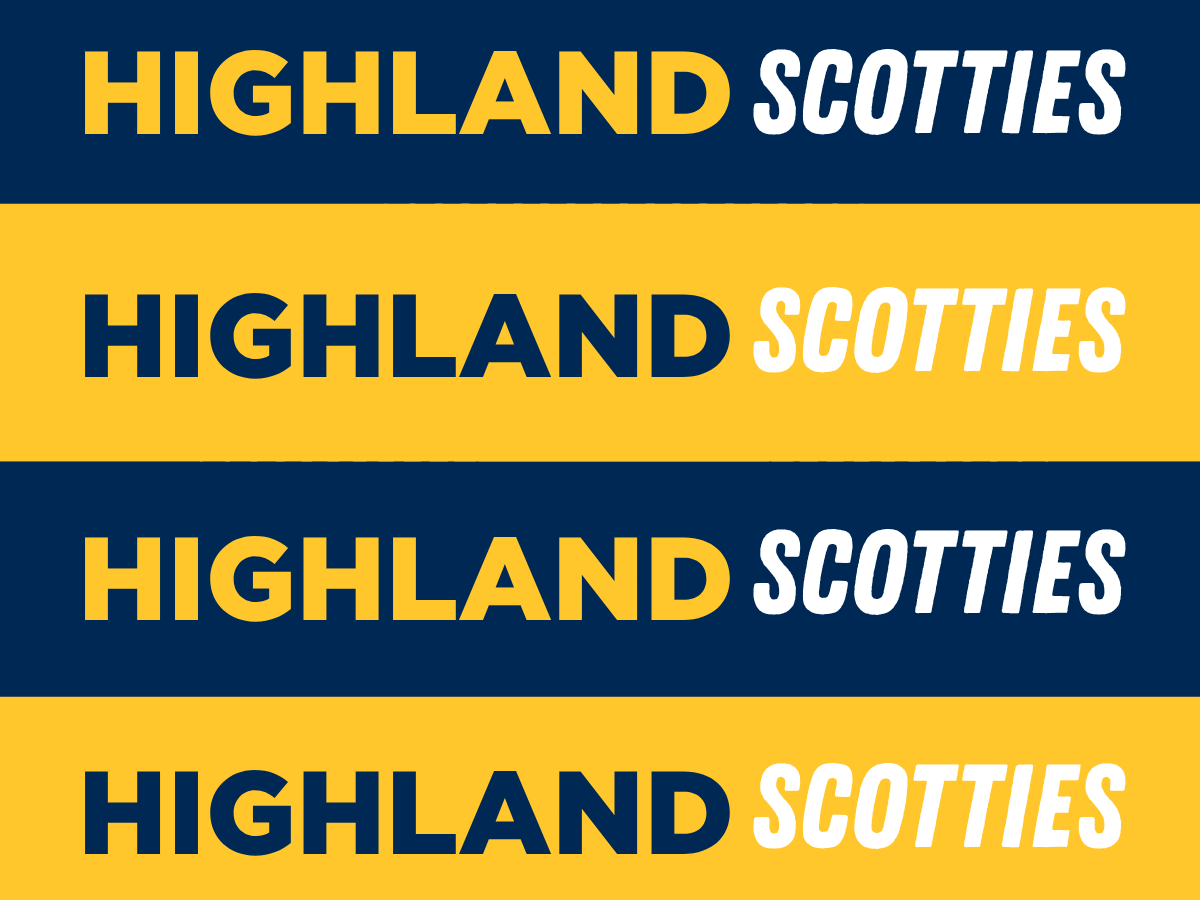Four ribbon banners with the text Highland Scottie repeated four times in navy and yellow
