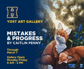 Yost Art Gallery presents Mistakes and Progress by Caitlin Penny, event flyer with image of two foxes from one of the artists collection.