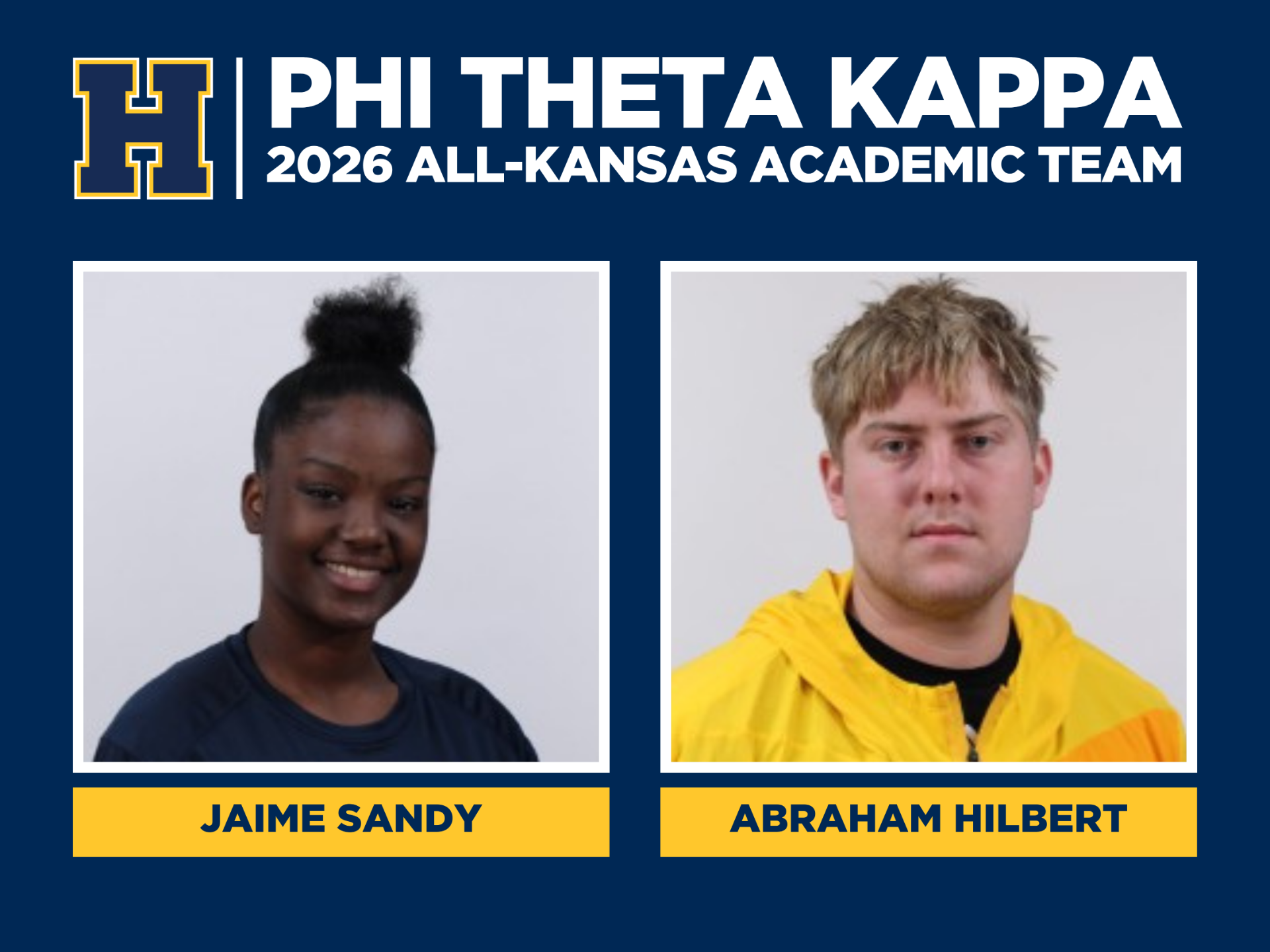 Phi Theta Kappa 2026 All-Kansas Academic Team with a photo of Jaime Sandy and Abraham Hilbert