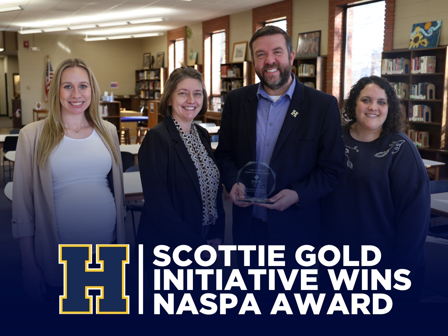 Scottie Gold Initiative Wins NASPA Award - group photo of Sarah Wood, Dr. Jennifer Schiller, President Bowhay, and Dean of Students Lexy Clark