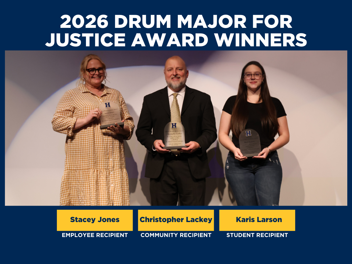 2026 Drum Major for Justice Award Winners Stacey Jones, Employee Recipient; Christopher Lackey, Community Recipient; and Karis Larson, Student Recipient. Photo of the three winners together, holding their awards.
